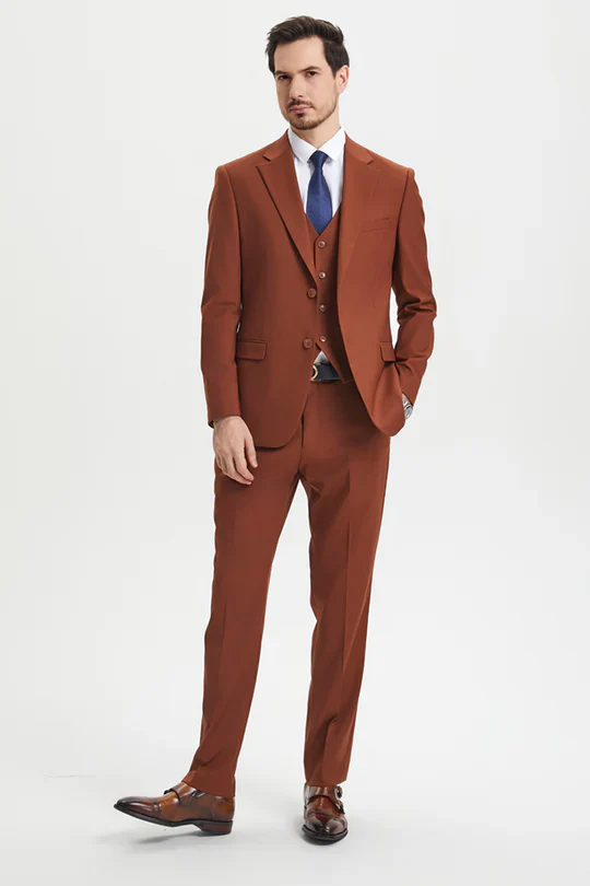 Men’s Orangish Rust Brown Three-Piece Suit –   Slim Fit Jacket, Vest and Tailored Pants in Brick Color - Image 3