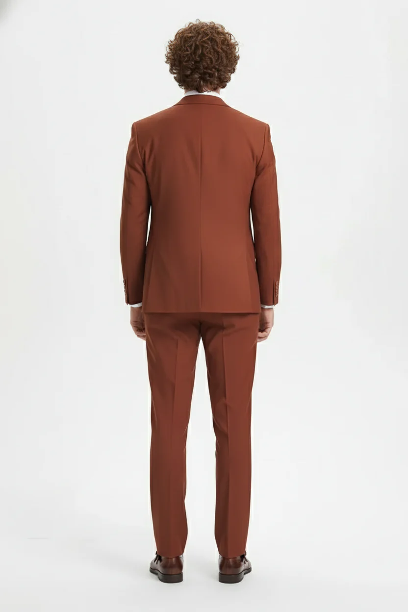 Men’s Orangish Rust Brown Three-Piece Suit –   Slim Fit Jacket, Vest and Tailored Pants in Brick Color - Image 4