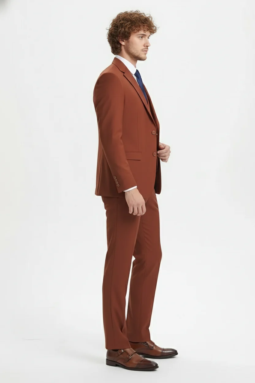 Men’s Orangish Rust Brown Three-Piece Suit –   Slim Fit Jacket, Vest and Tailored Pants in Brick Color - Image 5