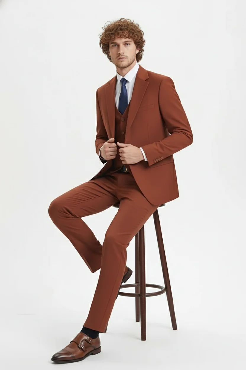 Men’s Orangish Rust Brown Three-Piece Suit –   Slim Fit Jacket, Vest and Tailored Pants in Brick Color - Image 6