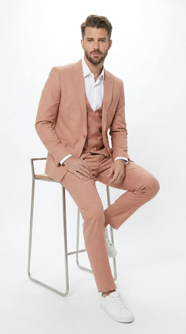 Men’s Peach Light Brown 3 Piece Suit – Wedding & Prom Formal Suit Set, Blazer Pants Double breasted vest - Image 3