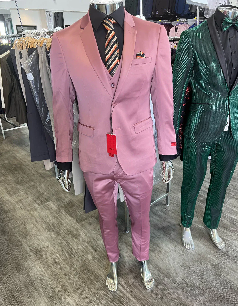 Menƒ??s Pink 3-Piece Slim Fit Suit ƒ?? Formal Wedding and Prom Outfit with Vest - Image 3