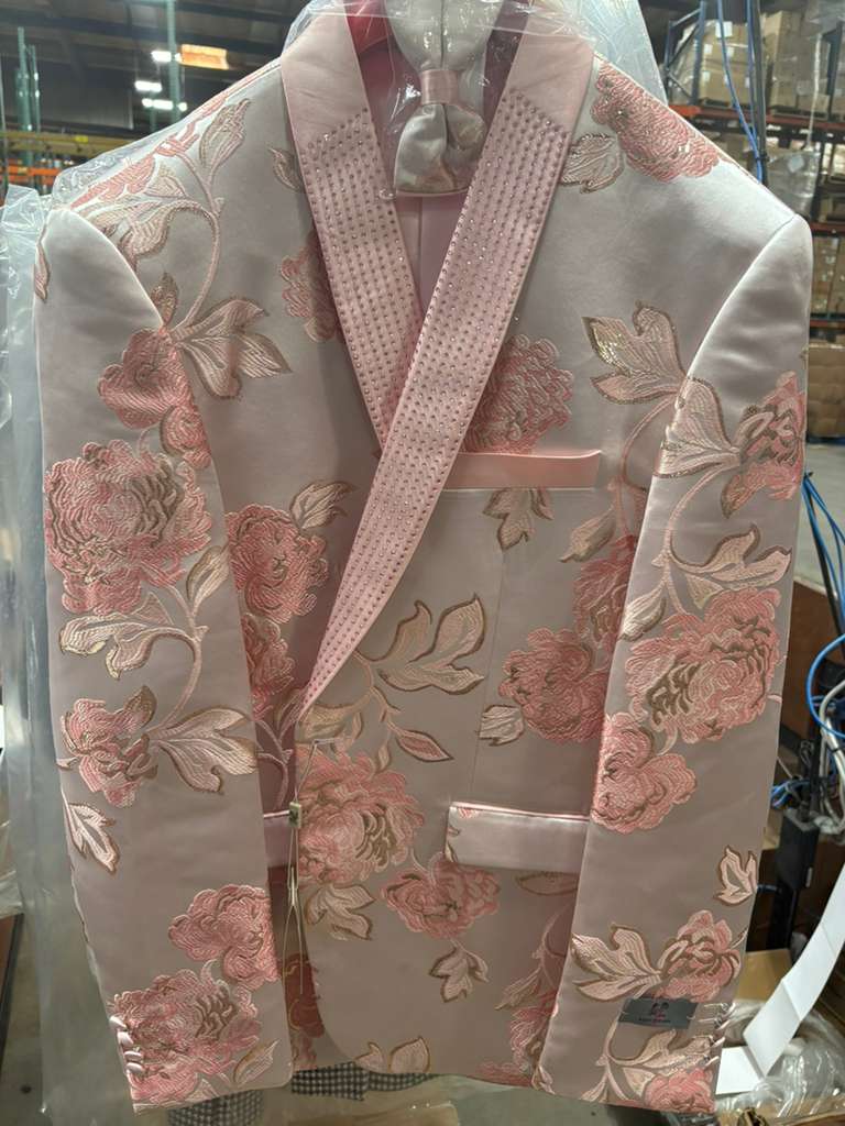 Men’s Pink Blush Floral Jacquard Blazer with Embellished Shawl Lapel – Luxury Party and Wedding Wear Jacket - Image 10