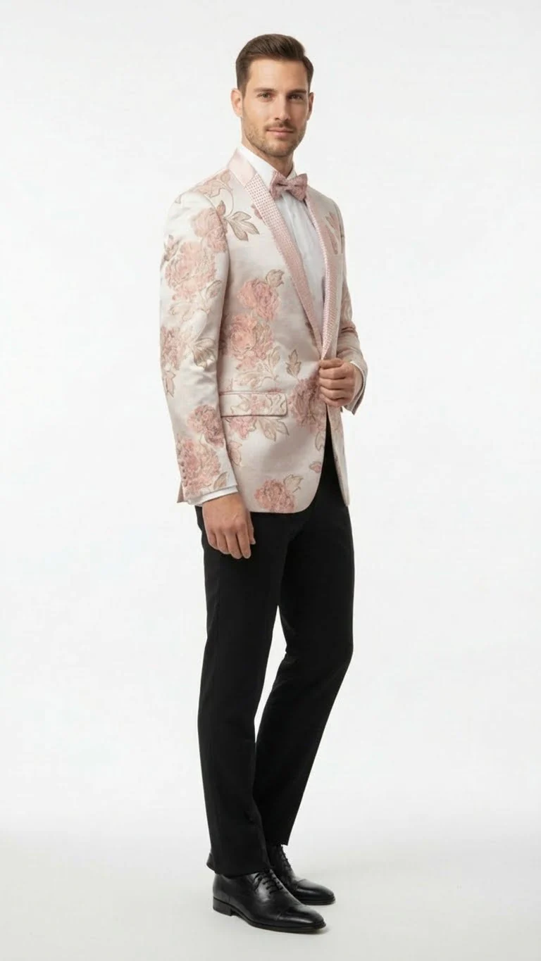 Men’s Pink Blush Floral Jacquard Blazer with Embellished Shawl Lapel – Luxury Party and Wedding Wear Jacket - Image 3