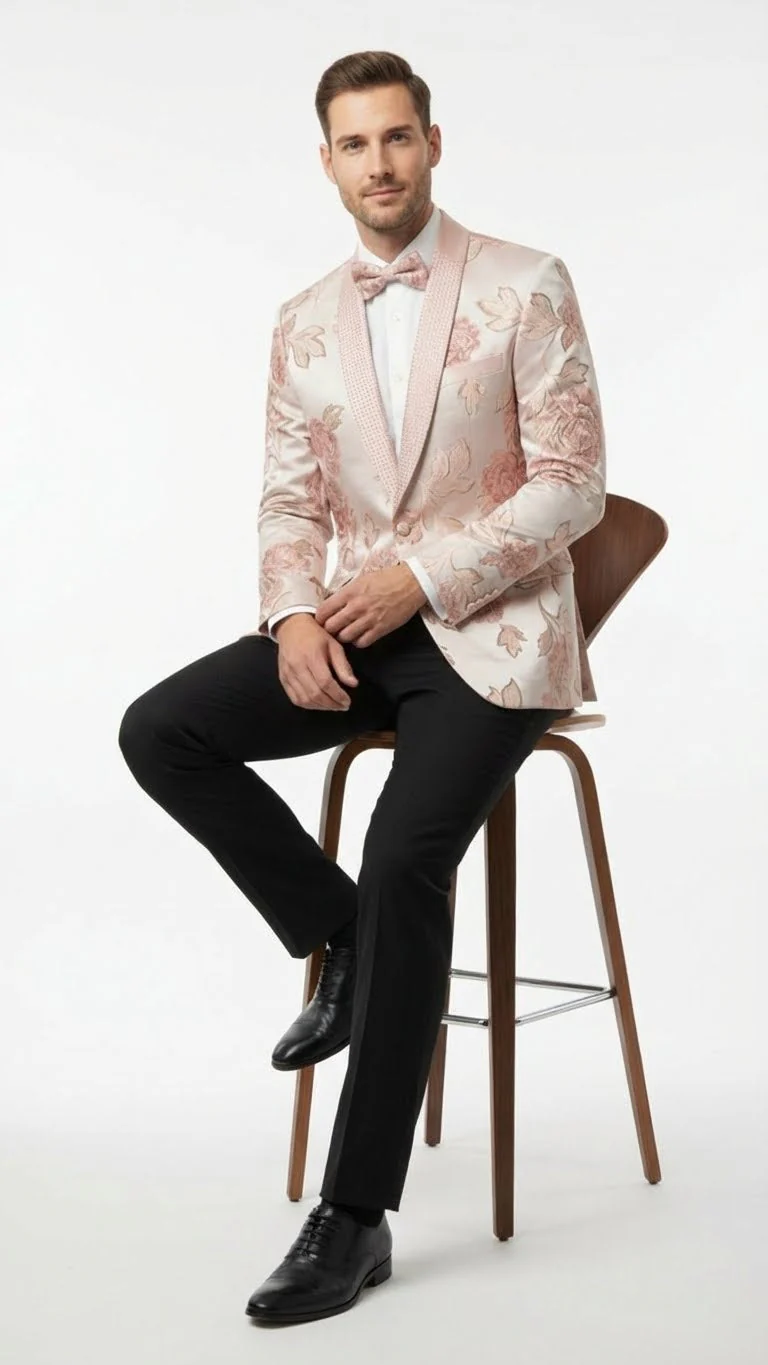 Men’s Pink Blush Floral Jacquard Blazer with Embellished Shawl Lapel – Luxury Party and Wedding Wear Jacket - Image 4