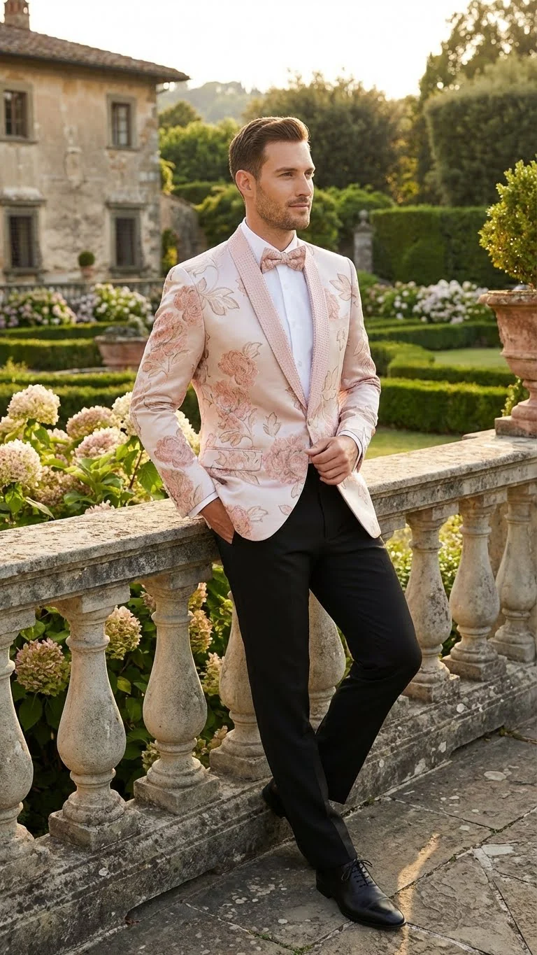Men’s Pink Blush Floral Jacquard Blazer with Embellished Shawl Lapel – Luxury Party and Wedding Wear Jacket - Image 5