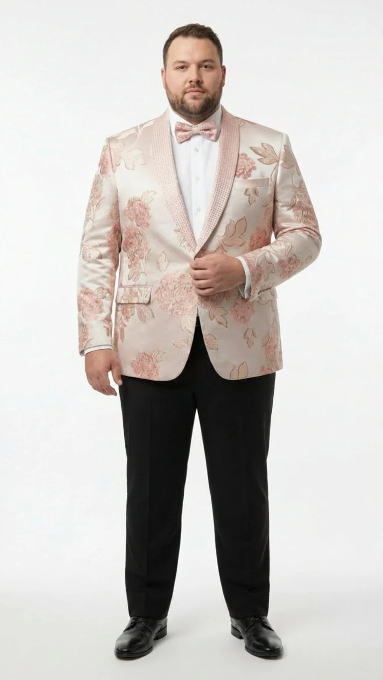 Men’s Pink Blush Floral Jacquard Blazer with Embellished Shawl Lapel – Luxury Party and Wedding Wear Jacket - Image 6