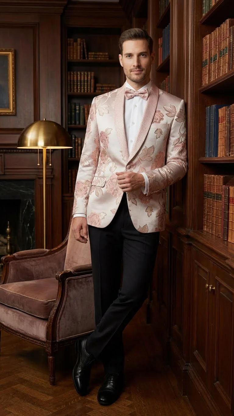 Men’s Pink Blush Floral Jacquard Blazer with Embellished Shawl Lapel – Luxury Party and Wedding Wear Jacket - Image 7