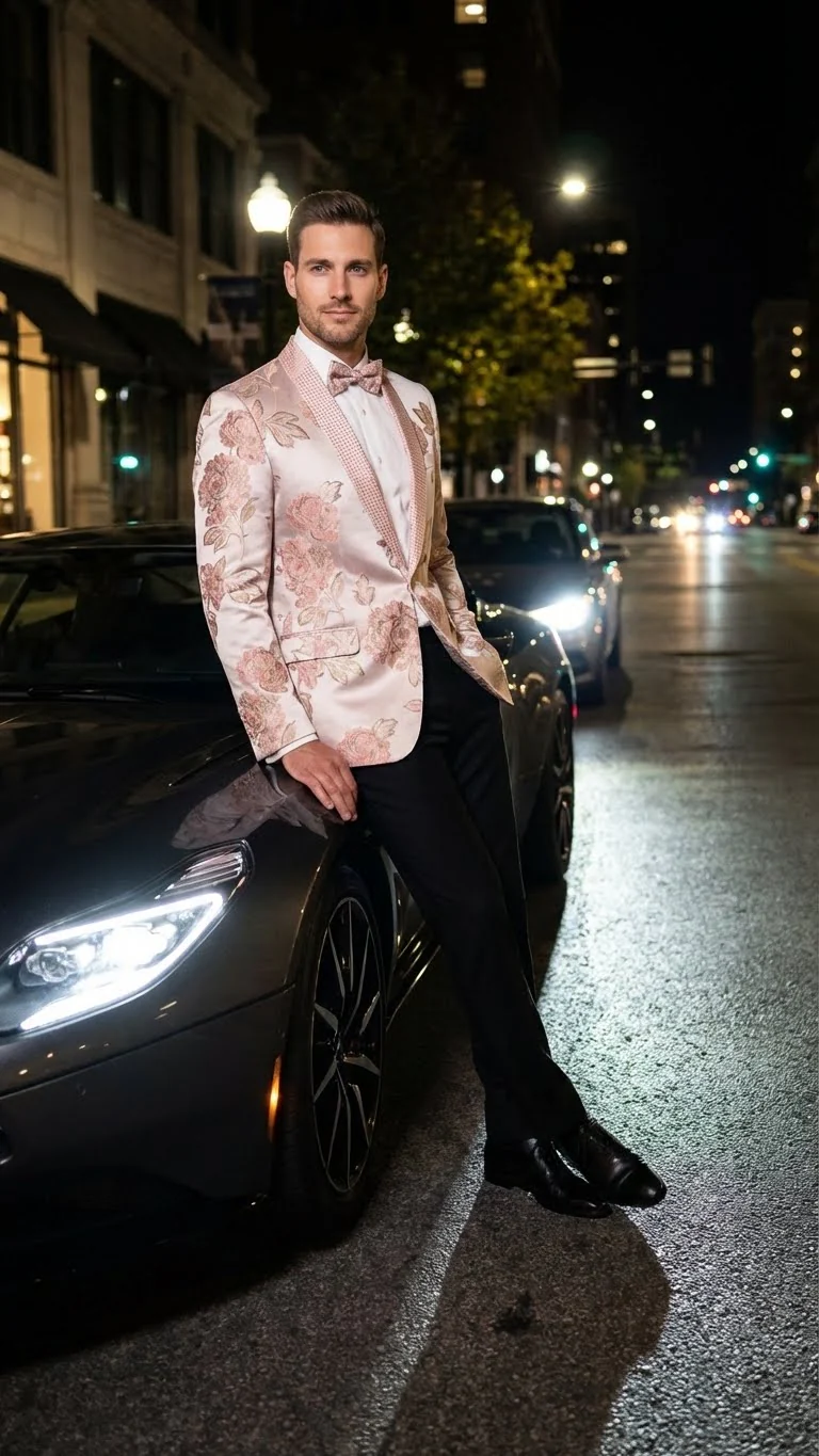 Men’s Pink Blush Floral Jacquard Blazer with Embellished Shawl Lapel – Luxury Party and Wedding Wear Jacket - Image 8
