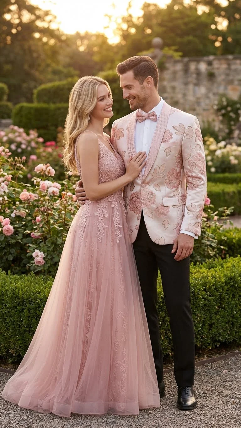 Men’s Pink Blush Floral Jacquard Blazer with Embellished Shawl Lapel – Luxury Party and Wedding Wear Jacket - Image 9
