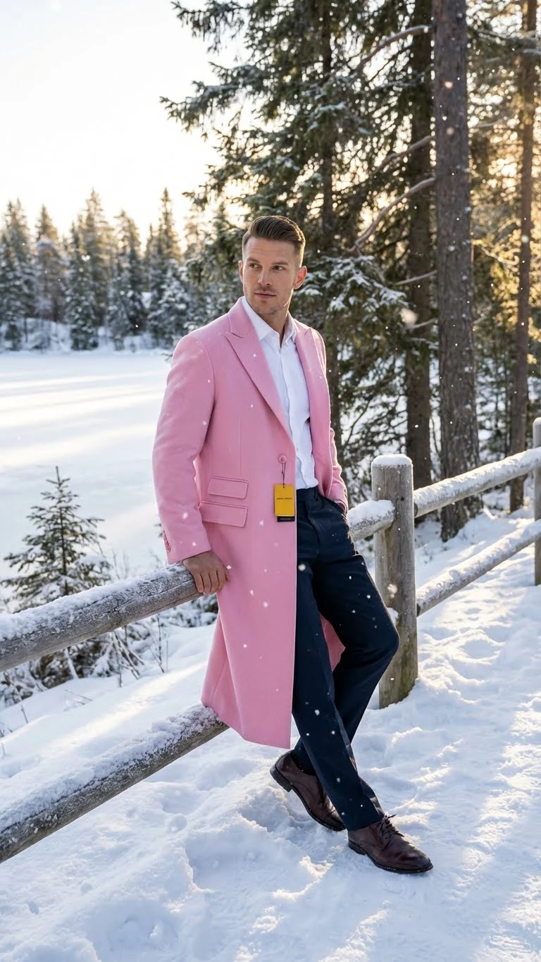 Men’s Pink Wool Blend Long Overcoat – Slim Fit Tailored Winter Coat - Carcoat - Topcoat - Image 7
