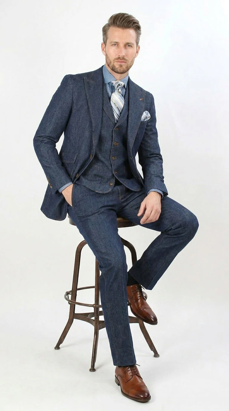 Men’s Pleated Pants Dark Blue Denim 3 Piece Suit – 100% Cotton Formal Suit Set, Blazer Vest Pants Outfit Classic Fit Athletic Fit Lose Fit - Image 2