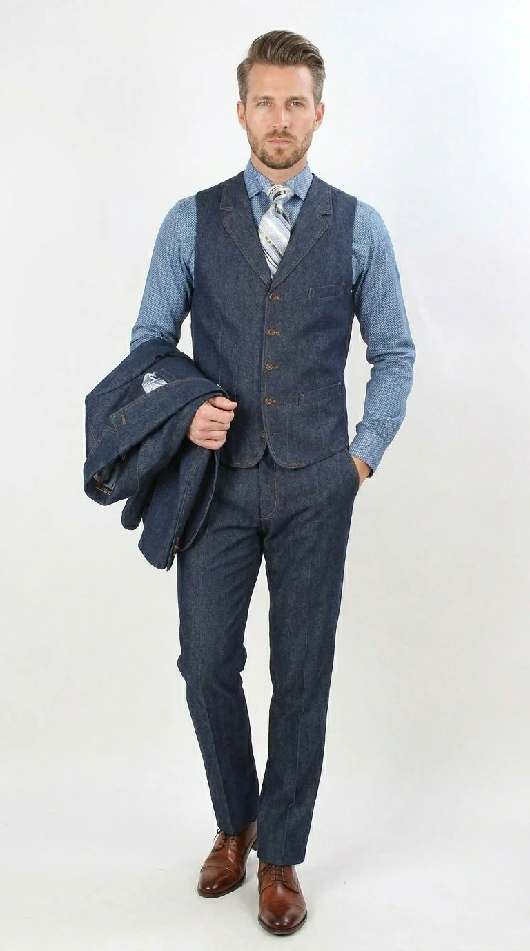Men’s Pleated Pants Dark Blue Denim 3 Piece Suit – 100% Cotton Formal Suit Set, Blazer Vest Pants Outfit Classic Fit Athletic Fit Lose Fit - Image 3