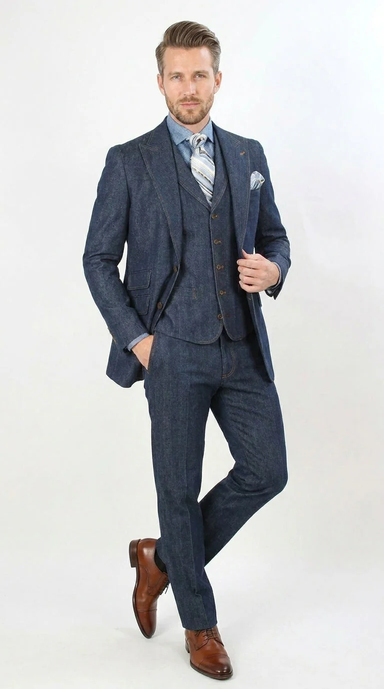 Men’s Pleated Pants Dark Blue Denim 3 Piece Suit – 100% Cotton Formal Suit Set, Blazer Vest Pants Outfit Classic Fit Athletic Fit Lose Fit - Image 4