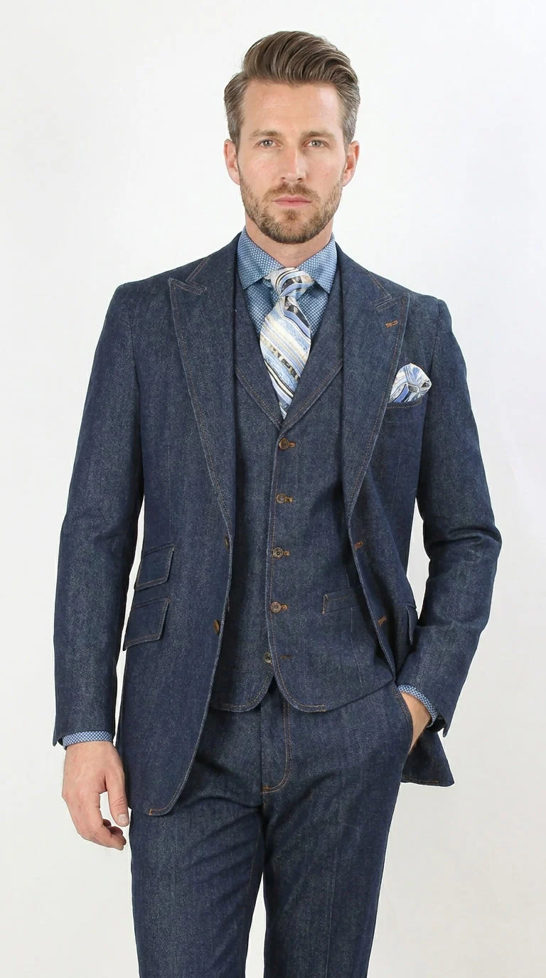 Men’s Pleated Pants Dark Blue Denim 3 Piece Suit – 100% Cotton Formal Suit Set, Blazer Vest Pants Outfit Classic Fit Athletic Fit Lose Fit - Image 5