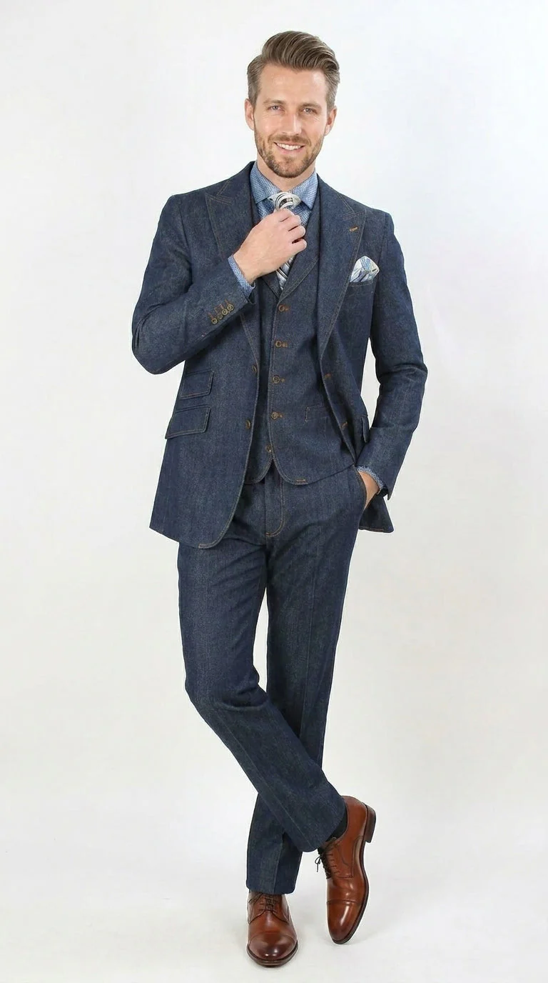 Men’s Pleated Pants Dark Blue Denim 3 Piece Suit – 100% Cotton Formal Suit Set, Blazer Vest Pants Outfit Classic Fit Athletic Fit Lose Fit - Image 9