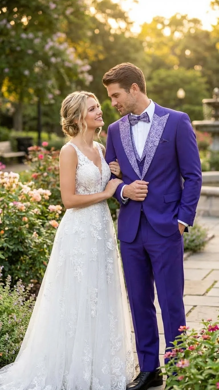 Men’s Purple and white sivler lapel  Embellished Tuxedo Suit –  Formal Wedding, Prom, and Gala Outfit Mardi Gras - Image 3