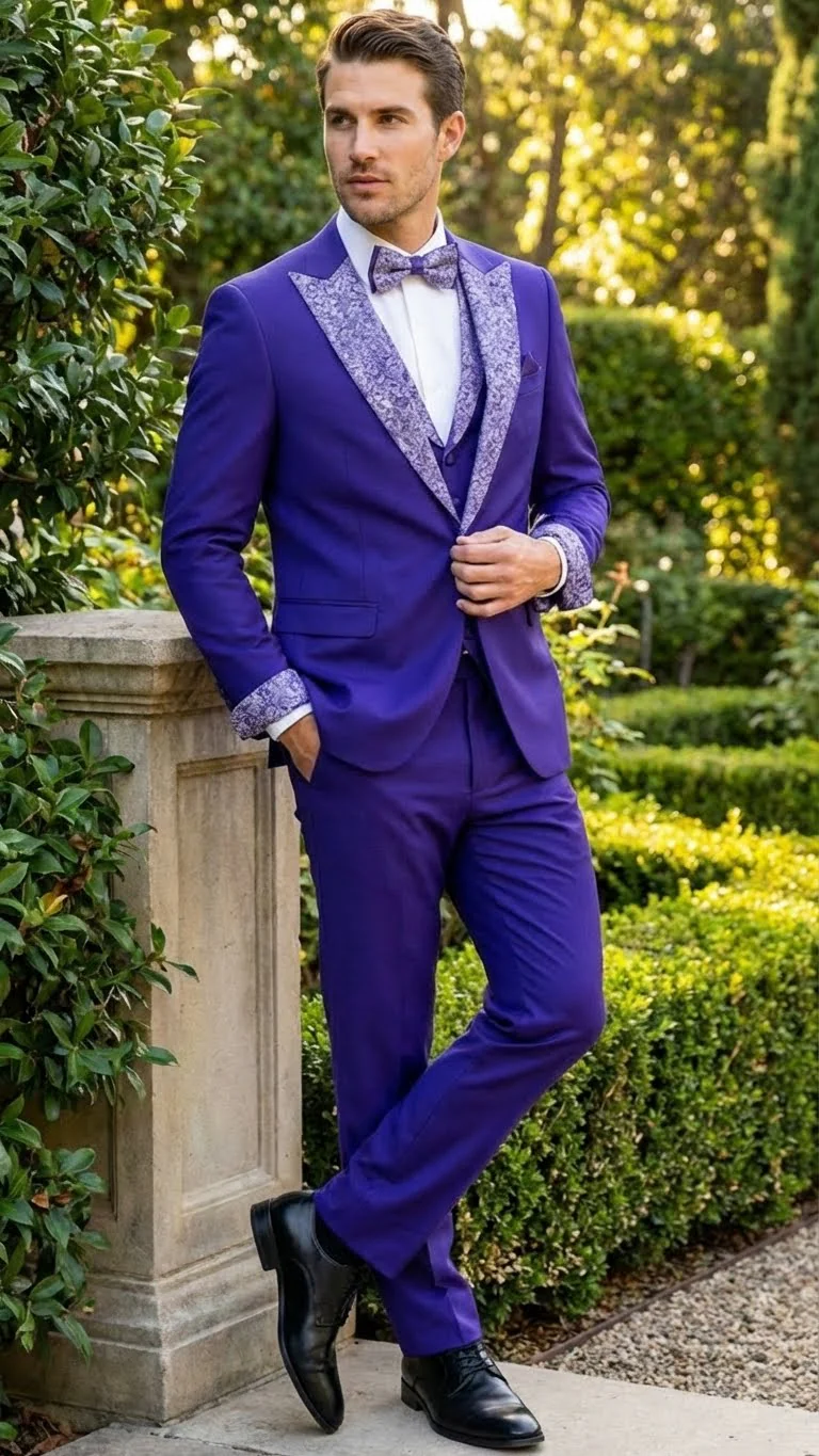 Men’s Purple and white sivler lapel  Embellished Tuxedo Suit –  Formal Wedding, Prom, and Gala Outfit Mardi Gras - Image 4