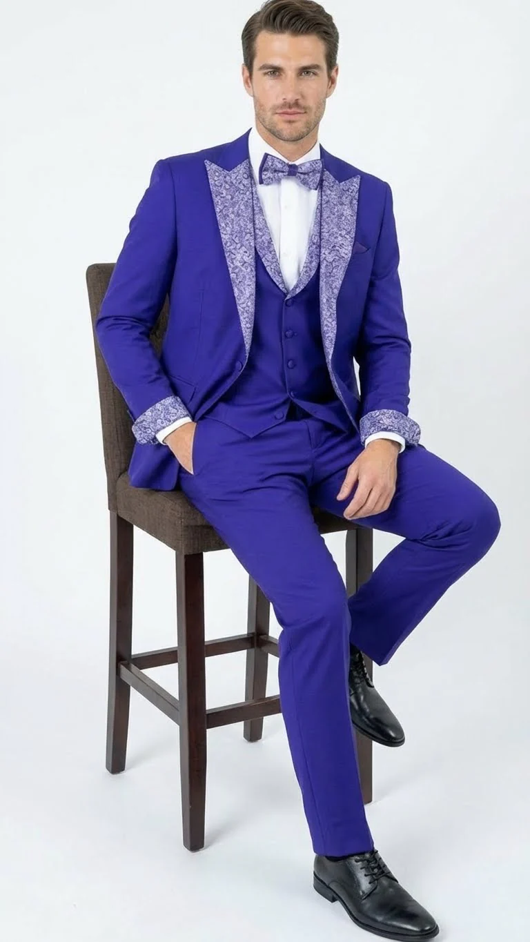 Men’s Purple and white sivler lapel  Embellished Tuxedo Suit –  Formal Wedding, Prom, and Gala Outfit Mardi Gras - Image 5
