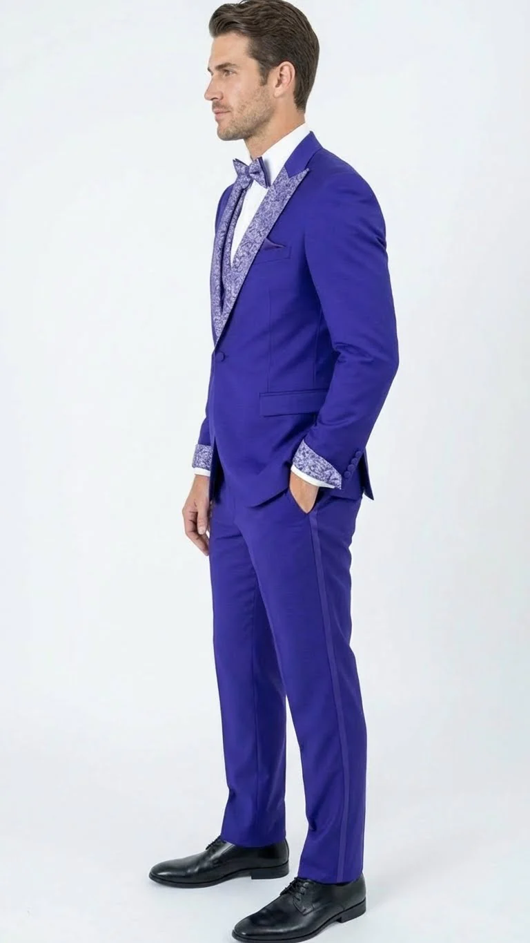 Men’s Purple and white sivler lapel  Embellished Tuxedo Suit –  Formal Wedding, Prom, and Gala Outfit Mardi Gras - Image 6