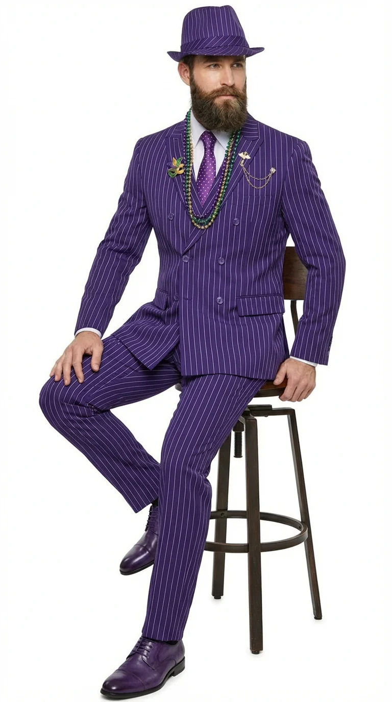 Men’s Purple Pinstripe Mardi Gras Suit | Classic Double Breasted Formal Carnival Suit - Image 4