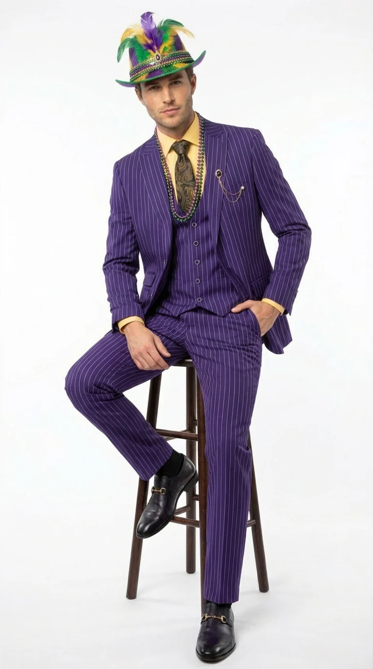 Men’s Purple Pinstripe Mardi Gras Suit | Three Piece Carnival Formal Suit with Vest - Image 4