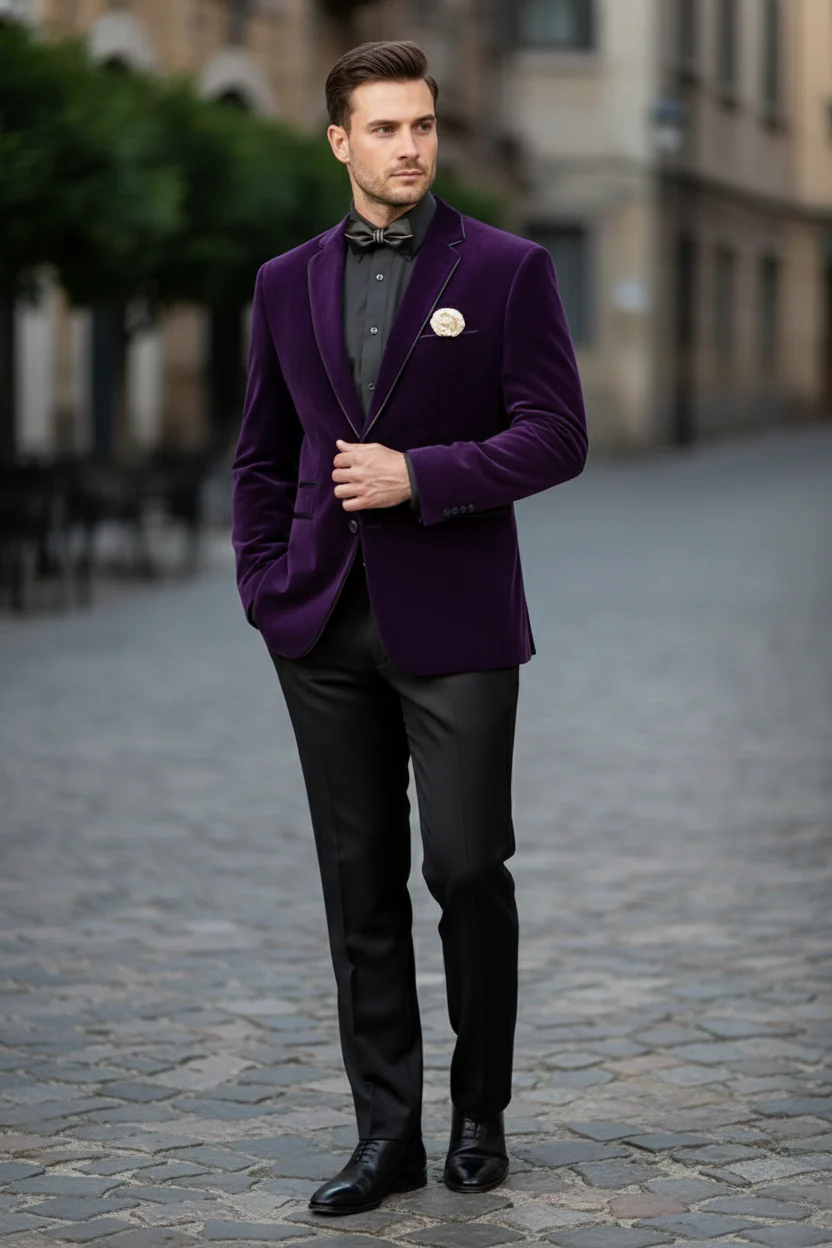 Men’s Purple Velvet Blazer – Luxury Slim Fit Formal Jacket with Black Satin Trim Tuxedo Dinner Jacket - Image 4