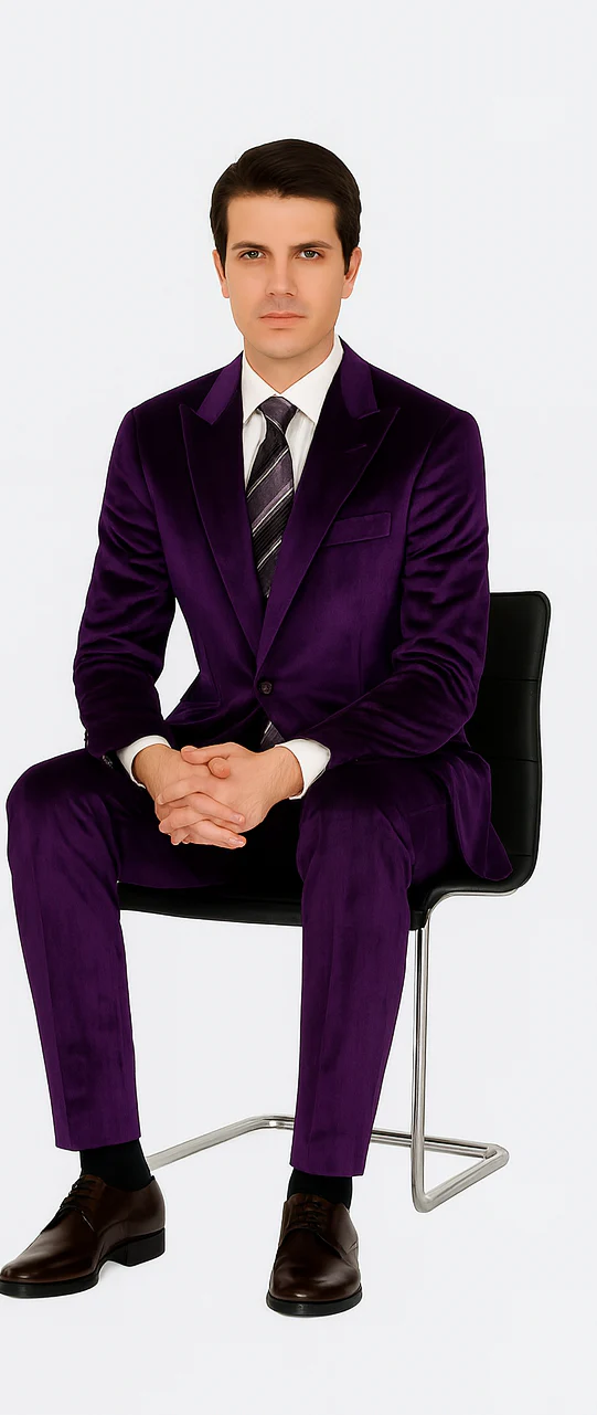 Men’s Purple Velvet Peak Lapel Suit – 2-Piece Skinny Fit Formalwear by Tazzio - Image 4