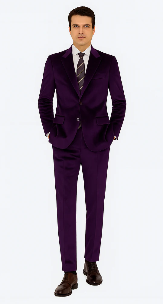 Men’s Purple Velvet Peak Lapel Suit – 2-Piece Skinny Fit Formalwear by Tazzio - Image 6
