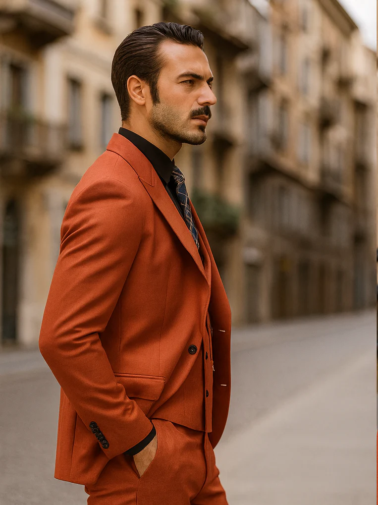 Men’s Red 3-Piece Suit with Vest and Chain – Stylish Formal Wear - Image 3