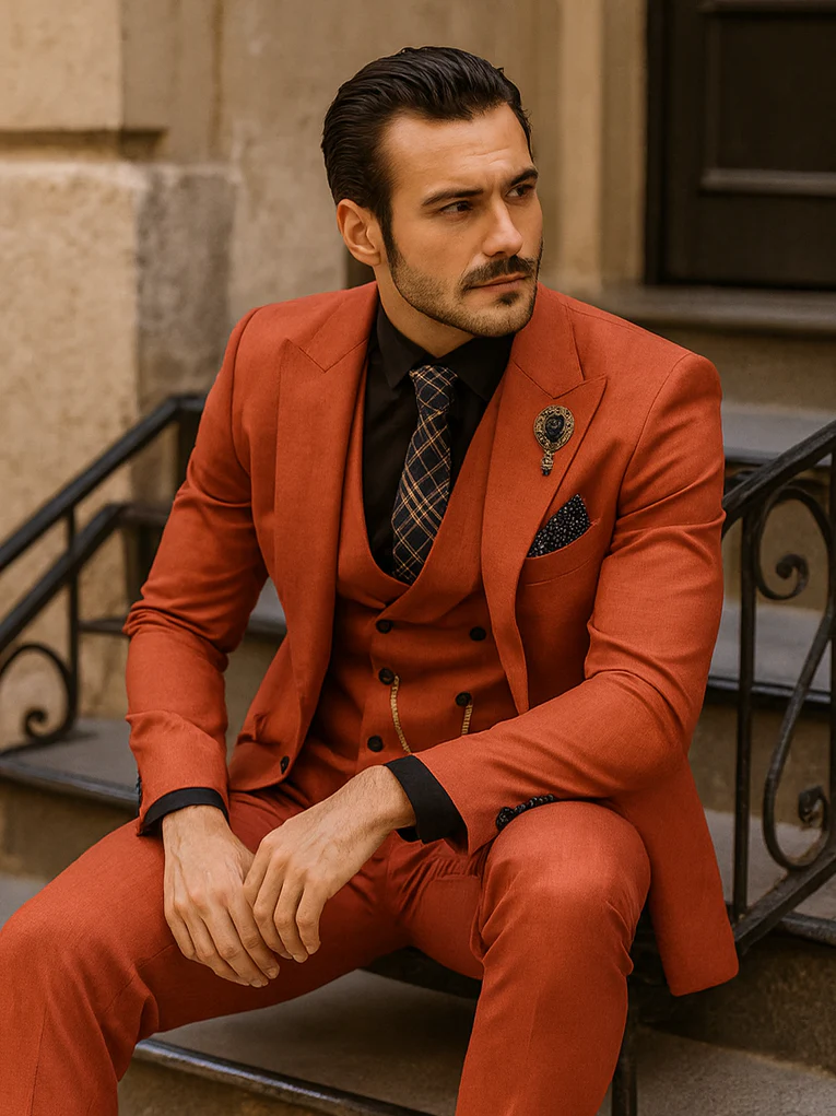Men’s Red 3-Piece Suit with Vest and Chain – Stylish Formal Wear - Image 4