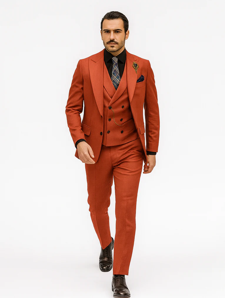 Men’s Red 3-Piece Suit with Vest and Chain – Stylish Formal Wear - Image 6