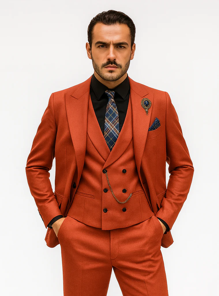 Men’s Red 3-Piece Suit with Vest and Chain – Stylish Formal Wear - Image 7