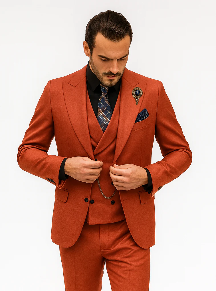 Men’s Red 3-Piece Suit with Vest and Chain – Stylish Formal Wear - Image 8