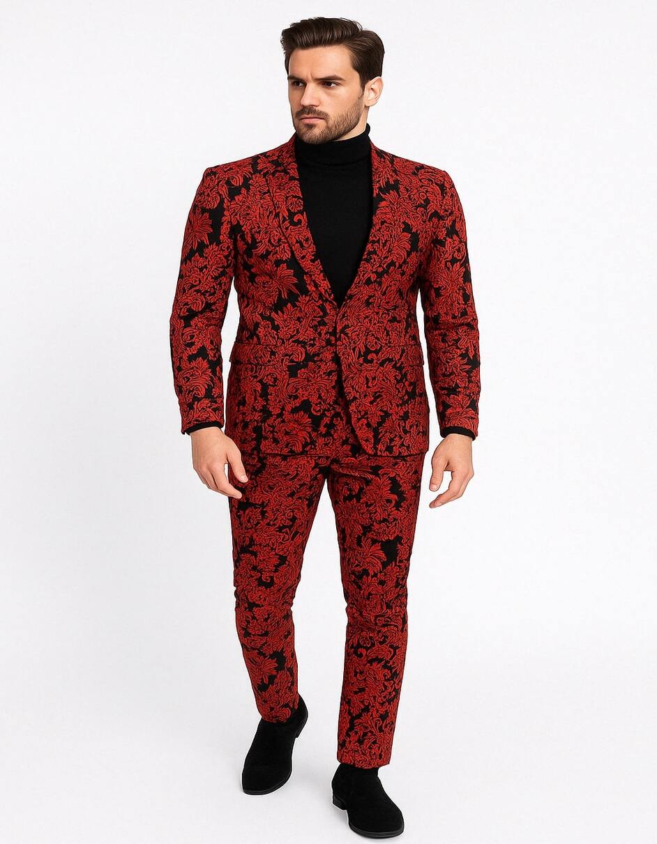 Menƒ??s Red and Black Floral Tuxedo Suit ƒ?? Slim Fit 2 Piece Embroidered Outfit for Weddings, Prom, and Formal Events - Image 2