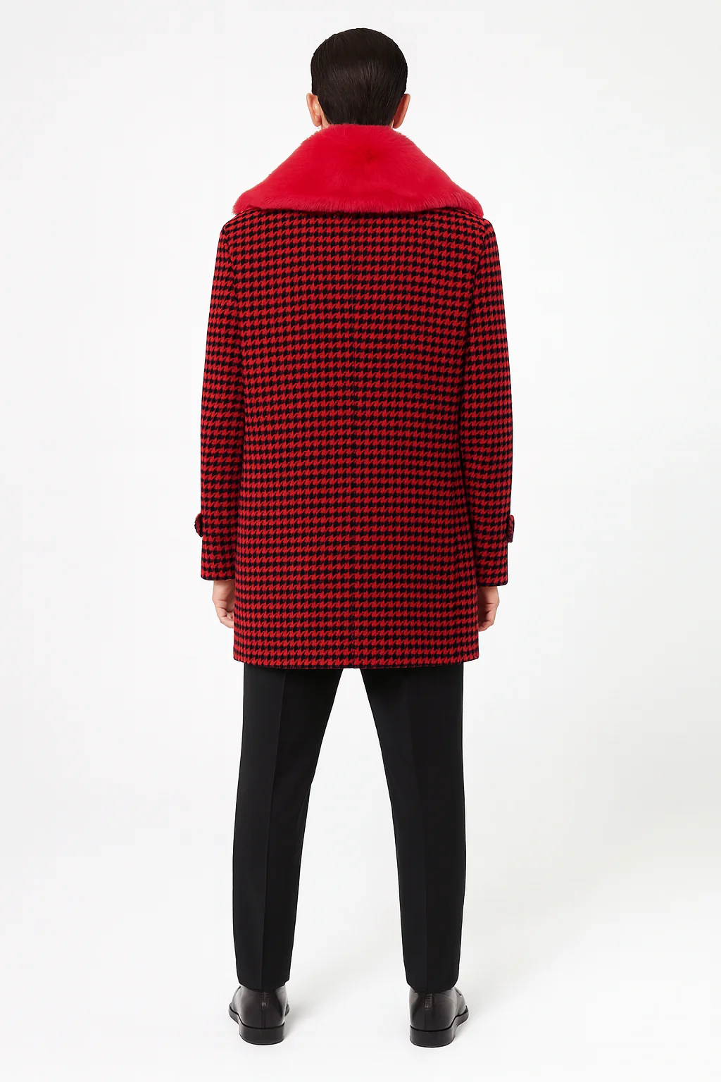 Men’s Red and Black Houndstooth Overcoat with Faux Fur Shawl Collar – Luxury Double-Breasted Winter Coat - Image 2