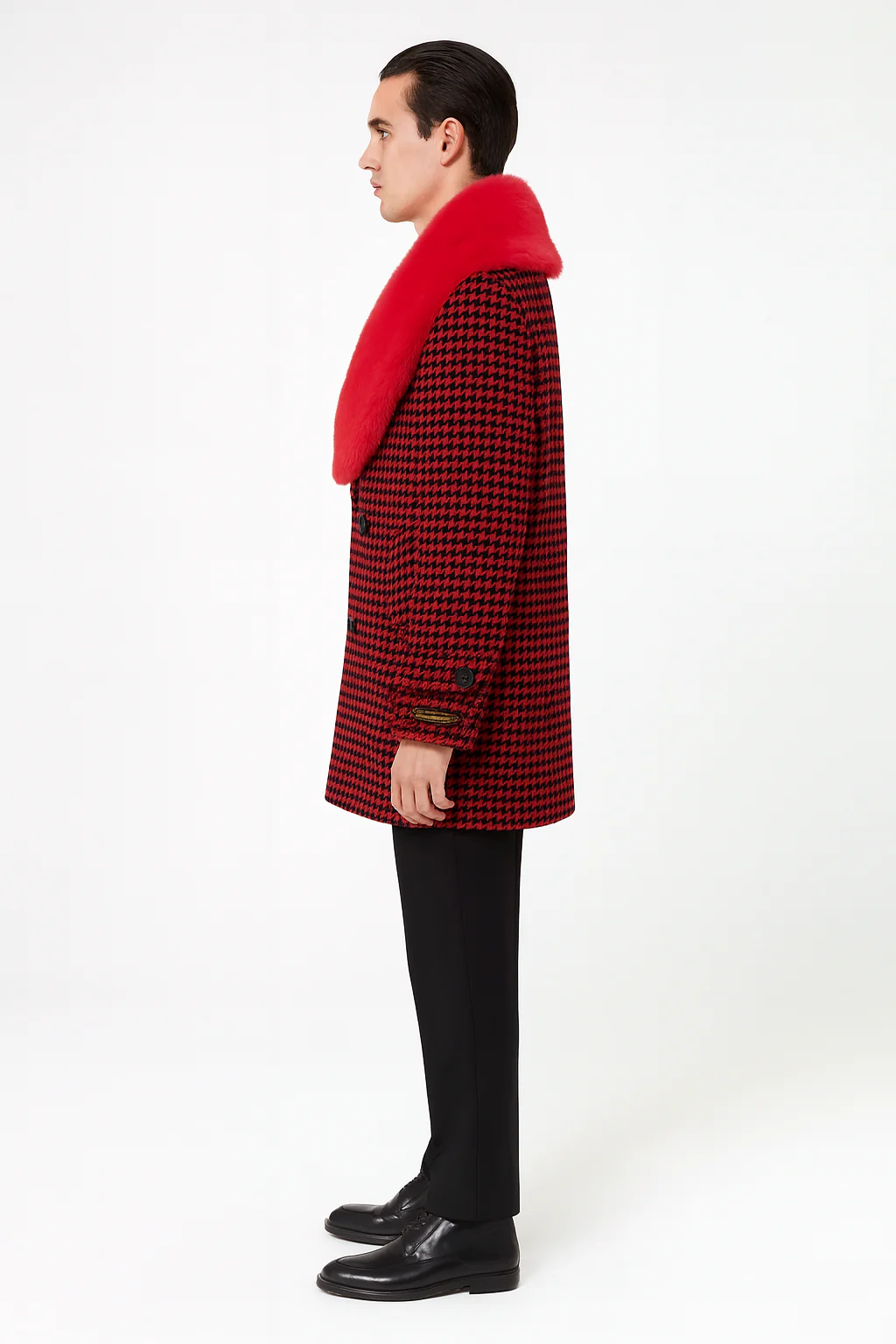 Men’s Red and Black Houndstooth Overcoat with Faux Fur Shawl Collar – Luxury Double-Breasted Winter Coat - Image 3