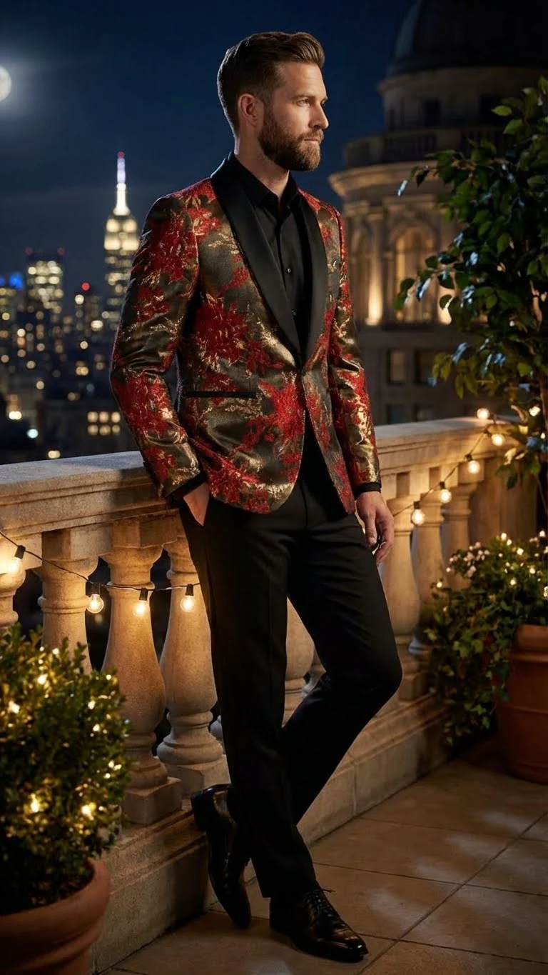 Men’s Red and Gold Floral Pattern Paisley  Shawl Lapel | Luxury Evening and Party Wear Jacket Prom Christmas New Year Blazer - Image 10