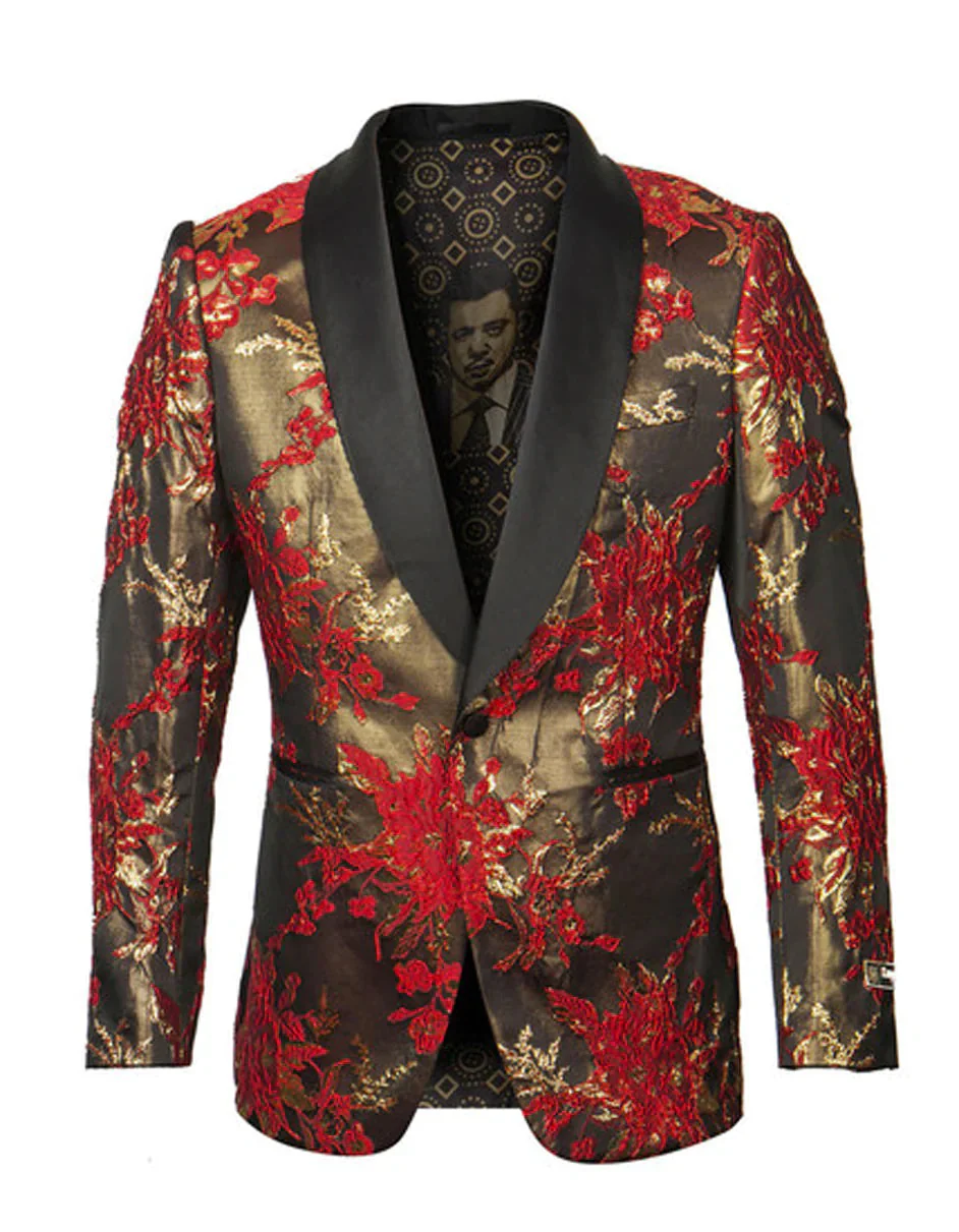 Men’s Red and Gold Floral Pattern Paisley  Shawl Lapel | Luxury Evening and Party Wear Jacket Prom Christmas New Year Blazer - Image 11