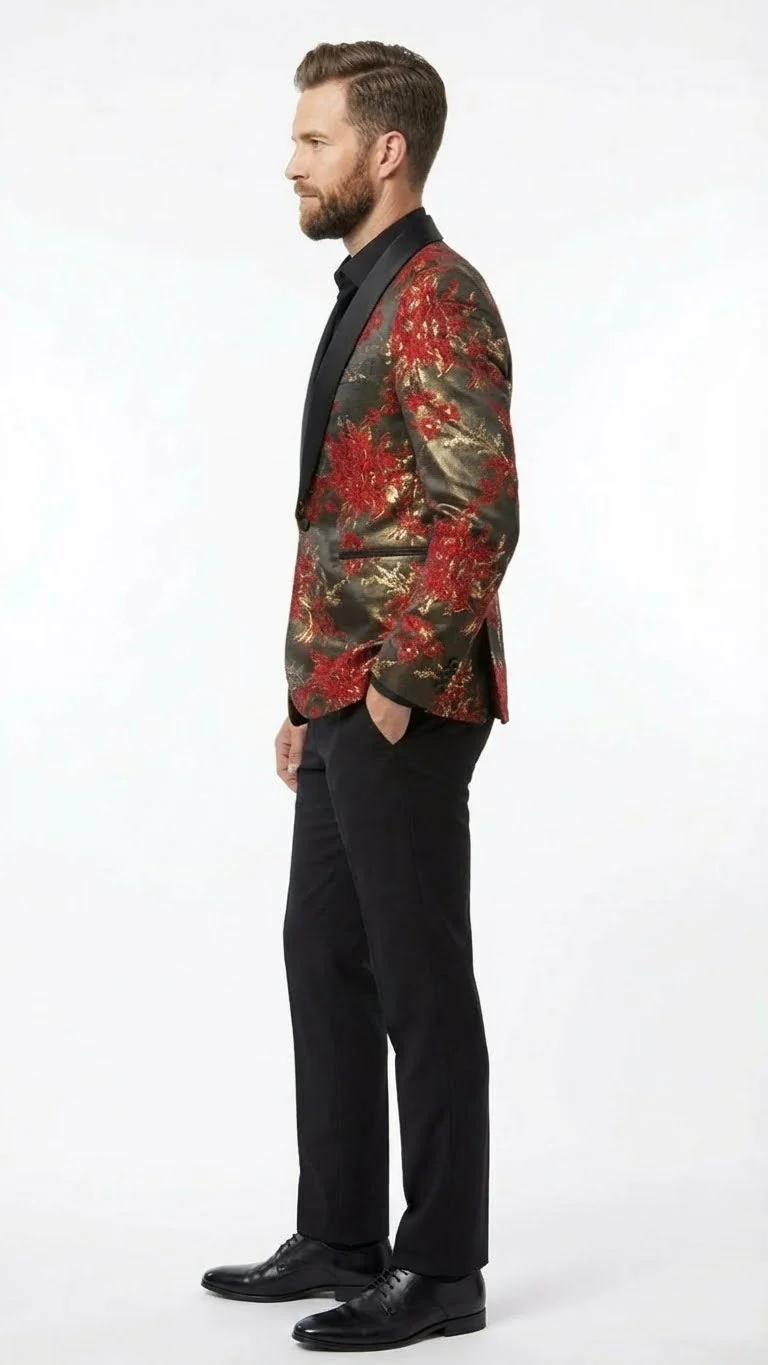 Men’s Red and Gold Floral Pattern Paisley  Shawl Lapel | Luxury Evening and Party Wear Jacket Prom Christmas New Year Blazer - Image 3