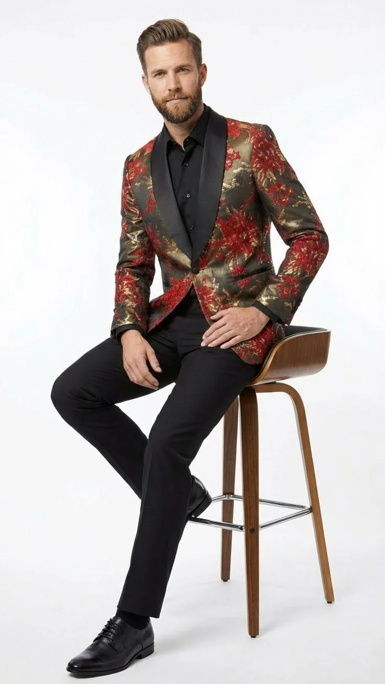 Men’s Red and Gold Floral Pattern Paisley  Shawl Lapel | Luxury Evening and Party Wear Jacket Prom Christmas New Year Blazer - Image 4