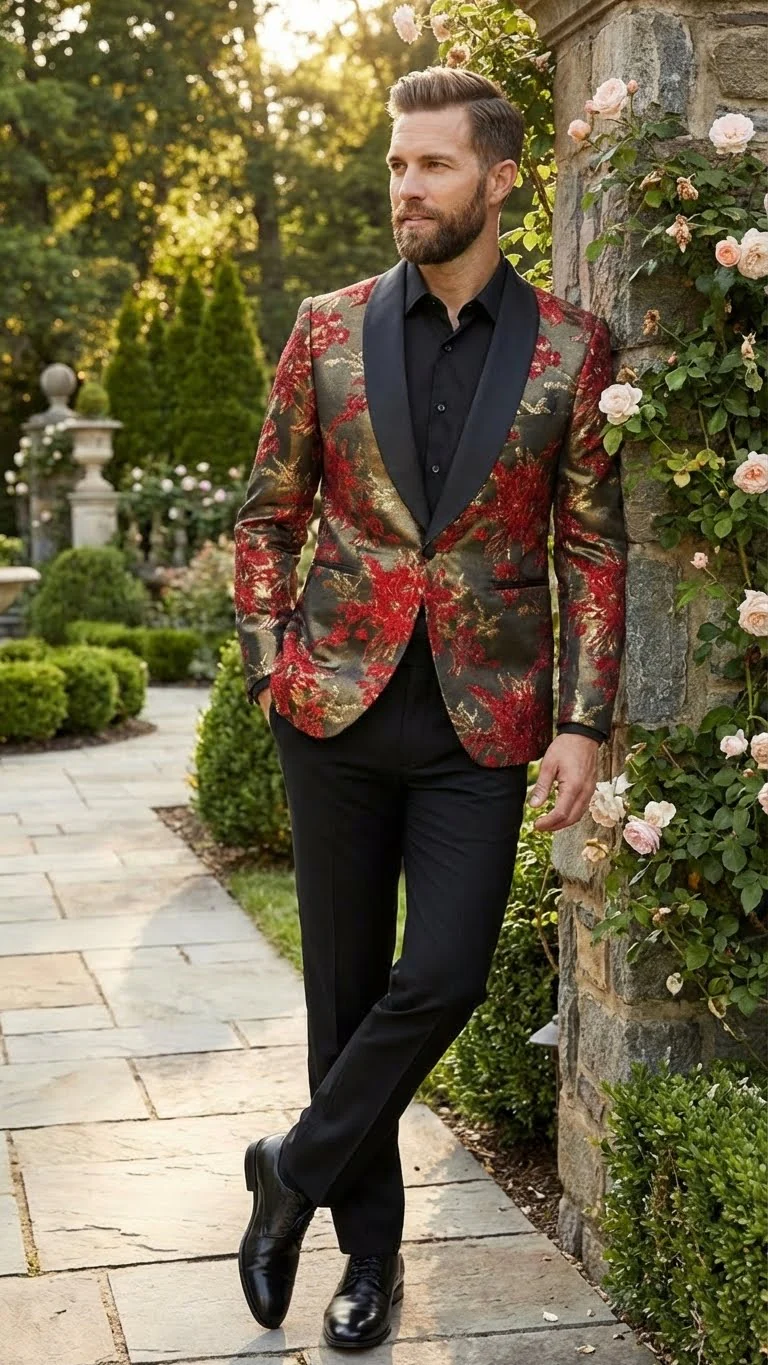 Men’s Red and Gold Floral Pattern Paisley  Shawl Lapel | Luxury Evening and Party Wear Jacket Prom Christmas New Year Blazer - Image 5
