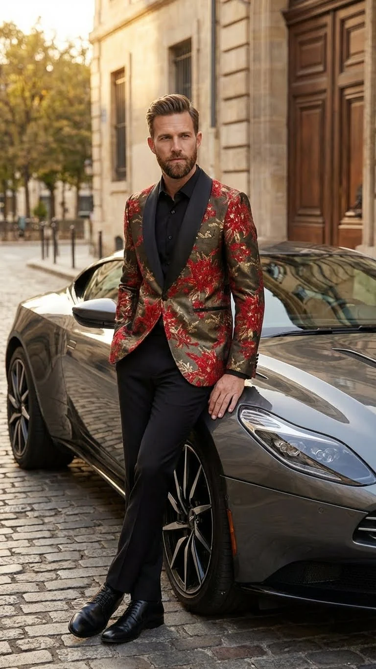 Men’s Red and Gold Floral Pattern Paisley  Shawl Lapel | Luxury Evening and Party Wear Jacket Prom Christmas New Year Blazer - Image 6