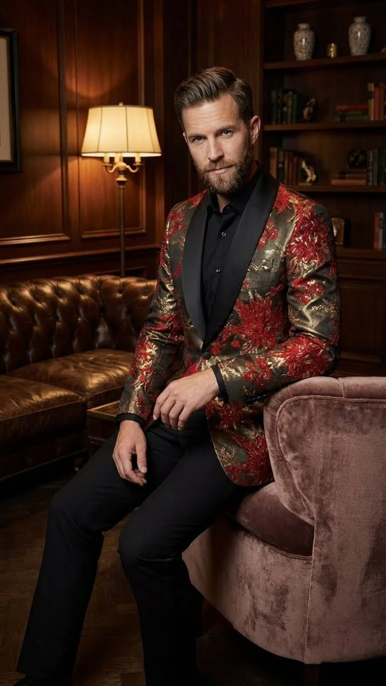 Men’s Red and Gold Floral Pattern Paisley  Shawl Lapel | Luxury Evening and Party Wear Jacket Prom Christmas New Year Blazer - Image 7