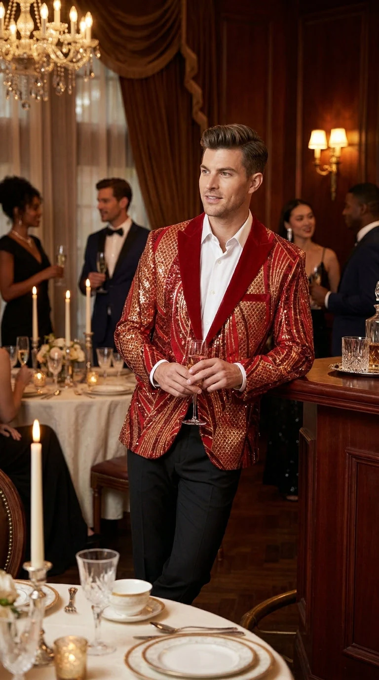 Men’s Red and Gold Sequin Christmas Holiday Blazer – Luxury Party Jacket for New Year, Wedding and Festive Events - Image 10