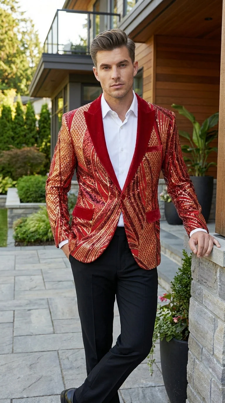 Men’s Red and Gold Sequin Christmas Holiday Blazer – Luxury Party Jacket for New Year, Wedding and Festive Events - Image 11