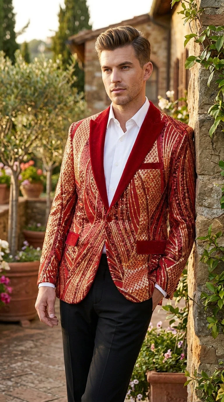 Men’s Red and Gold Sequin Christmas Holiday Blazer – Luxury Party Jacket for New Year, Wedding and Festive Events - Image 12