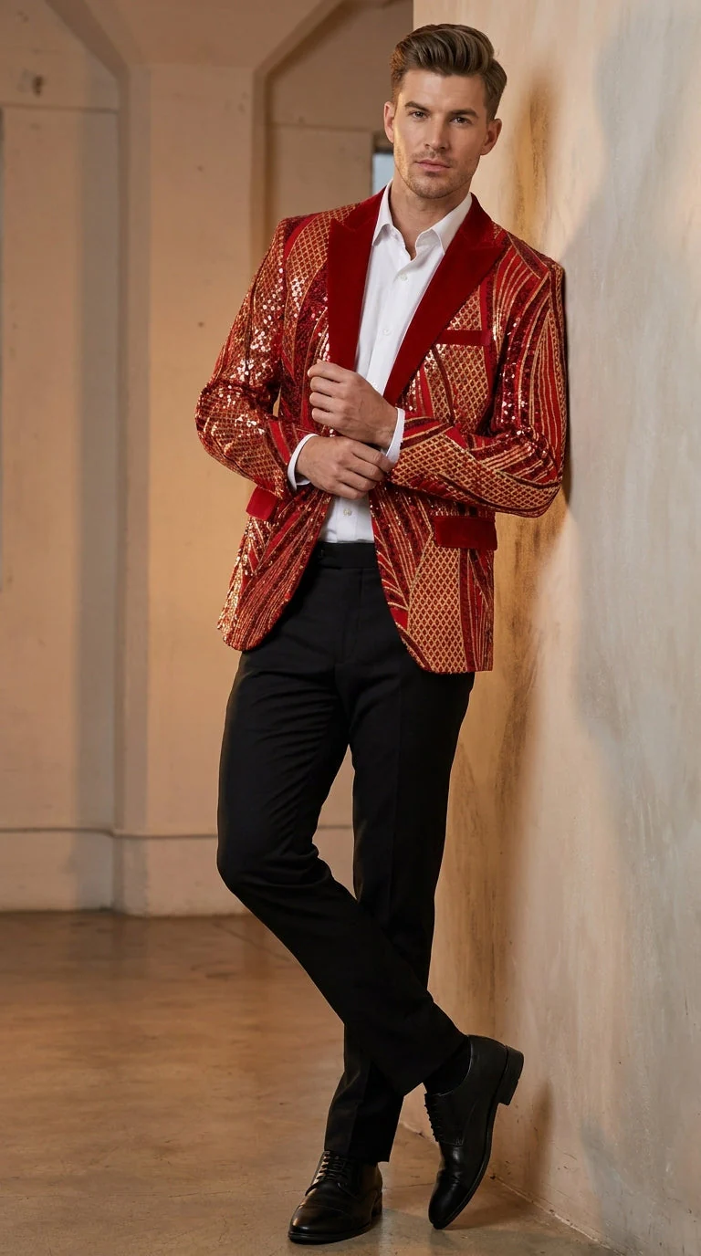 Men’s Red and Gold Sequin Christmas Holiday Blazer – Luxury Party Jacket for New Year, Wedding and Festive Events - Image 13