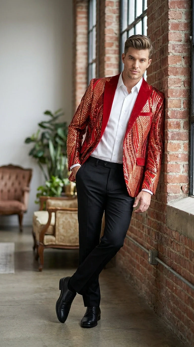 Men’s Red and Gold Sequin Christmas Holiday Blazer – Luxury Party Jacket for New Year, Wedding and Festive Events - Image 14