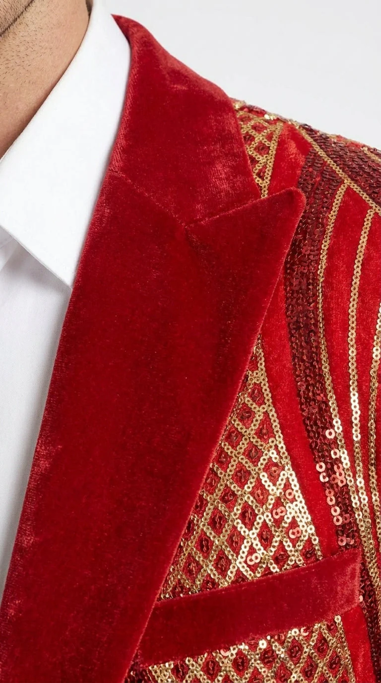 Men’s Red and Gold Sequin Christmas Holiday Blazer – Luxury Party Jacket for New Year, Wedding and Festive Events - Image 16